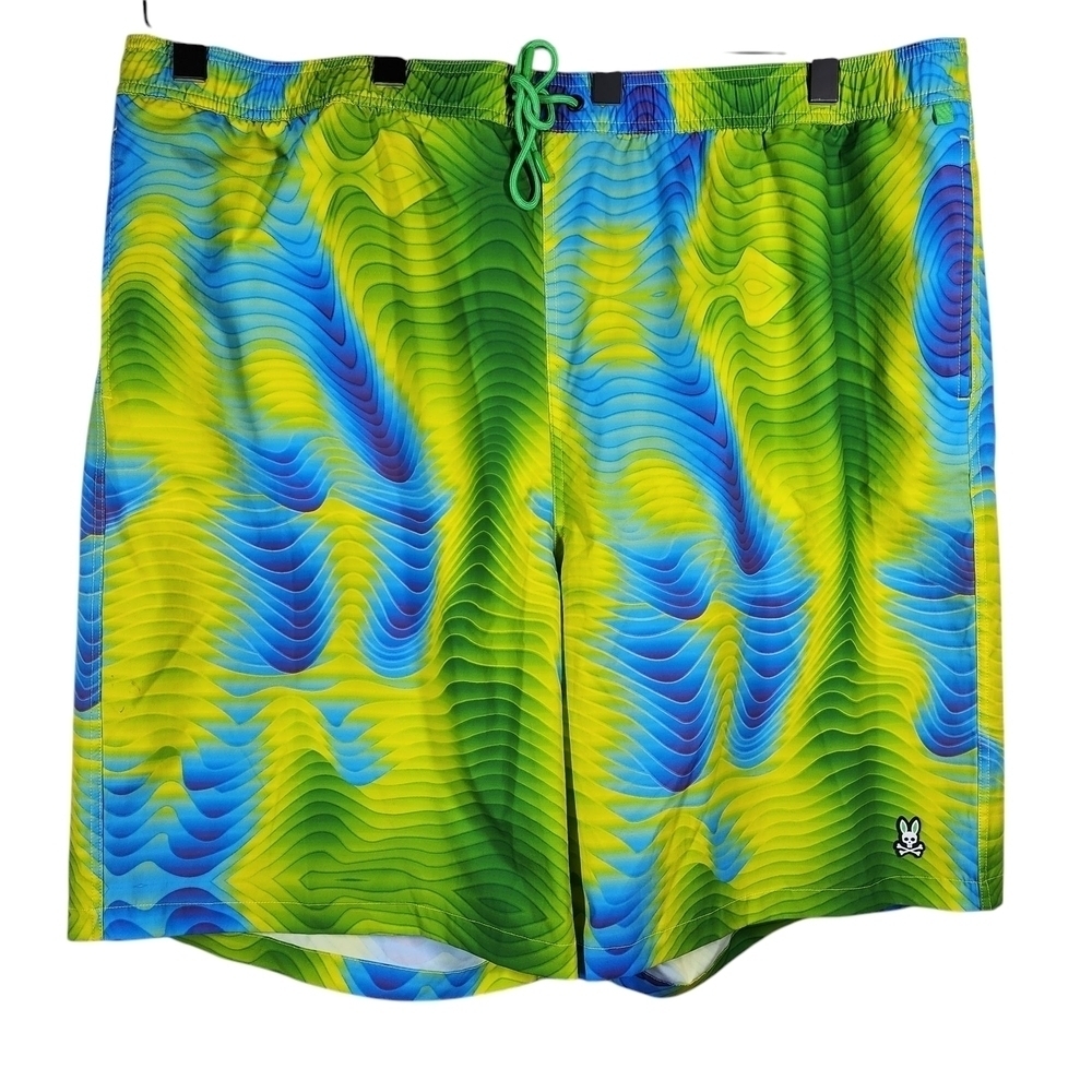 Psycho Bunny Men’s Swim Board Shorts in Green, Blue & Yellow